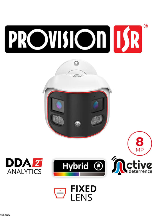 PROVISION BULLET 8MP Active Deterrence Fixed Lens Panoramic Bullet Camera with Hybrid LED and DDA2 Analytics